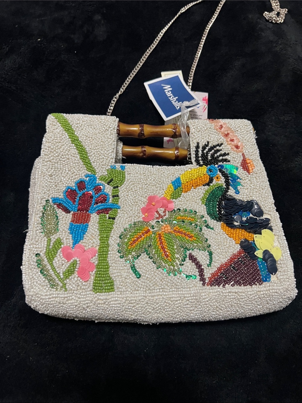 White Beaded Tropical Parrot Crossbody Bag with Bamboo Handle